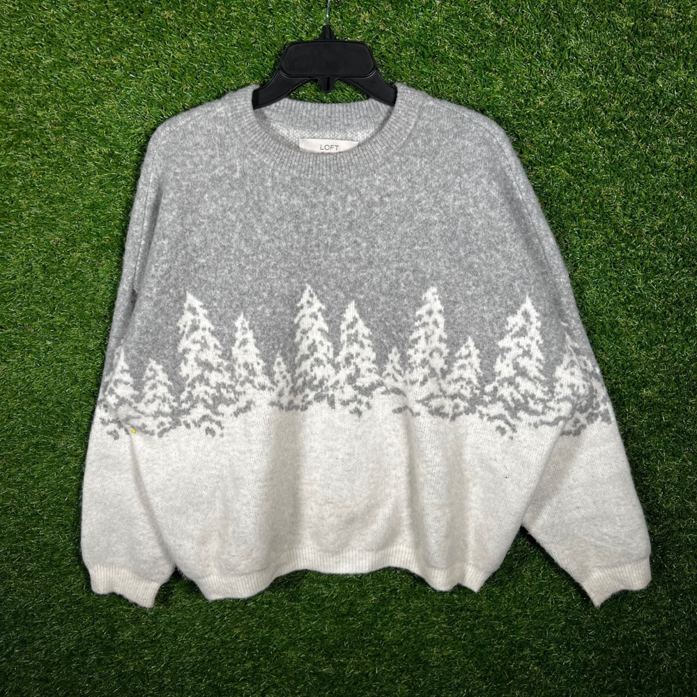 LOFT Womens Small Gray White Winter Pine Tree Forest Soft Knit Pullover Sweater